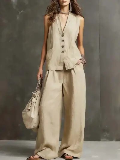 Women Fashion Casual Solid Color Cotton And Linen Sleeveless Vest Wide-Leg Pants Two-Piece Set