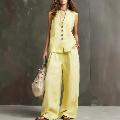 Women Fashion Casual Solid Color Cotton And Linen Sleeveless Vest Wide-Leg Pants Two-Piece Set