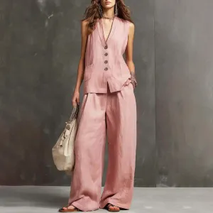 Women Fashion Casual Solid Color Cotton And Linen Sleeveless Vest Wide-Leg Pants Two-Piece Set