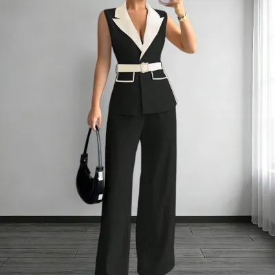 Women Fashion Casual Office Color Block Lapel Vest Straight Pants Two-Piece Set