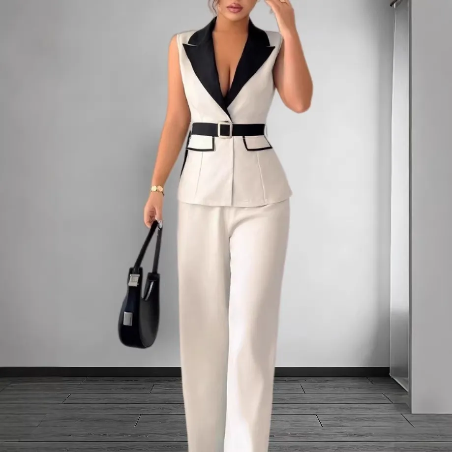 Women Fashion Casual Office Color Block Lapel Vest Straight Pants Two-Piece Set