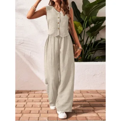 Women Fashion Casual Summer Solid Color Sleeveless Front Buckle Vest Loose Pants Two-Piece Set