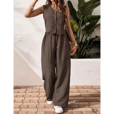Women Fashion Casual Summer Solid Color Sleeveless Front Buckle Vest Loose Pants Two-Piece Set