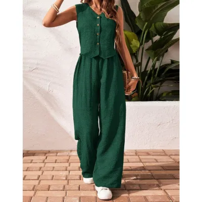 Women Fashion Casual Summer Solid Color Sleeveless Front Buckle Vest Loose Pants Two-Piece Set