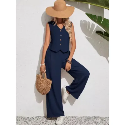 Women Fashion Casual Summer Solid Color Sleeveless Front Buckle Vest Loose Pants Two-Piece Set
