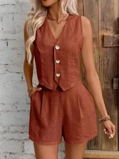 Women Fashion Casual Summer Linen Solid Color Front Buckle Vest Loose Shorts Two-Piece Set
