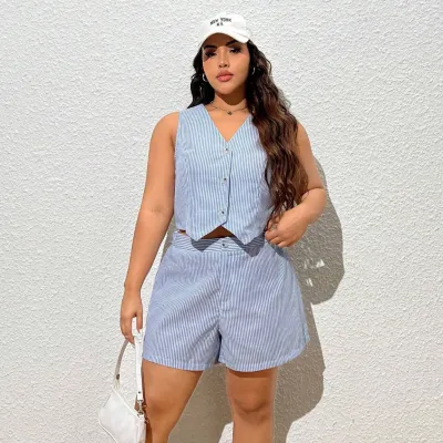 Women Fashion Casual Summer Stripe Vest Loose Shorts Two-Piece Set