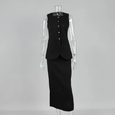 Women Fashion Simple Spring And Summer Linen Solid Color Sleeveless Vest High Waist Maxi Skirt Two-Piece Set