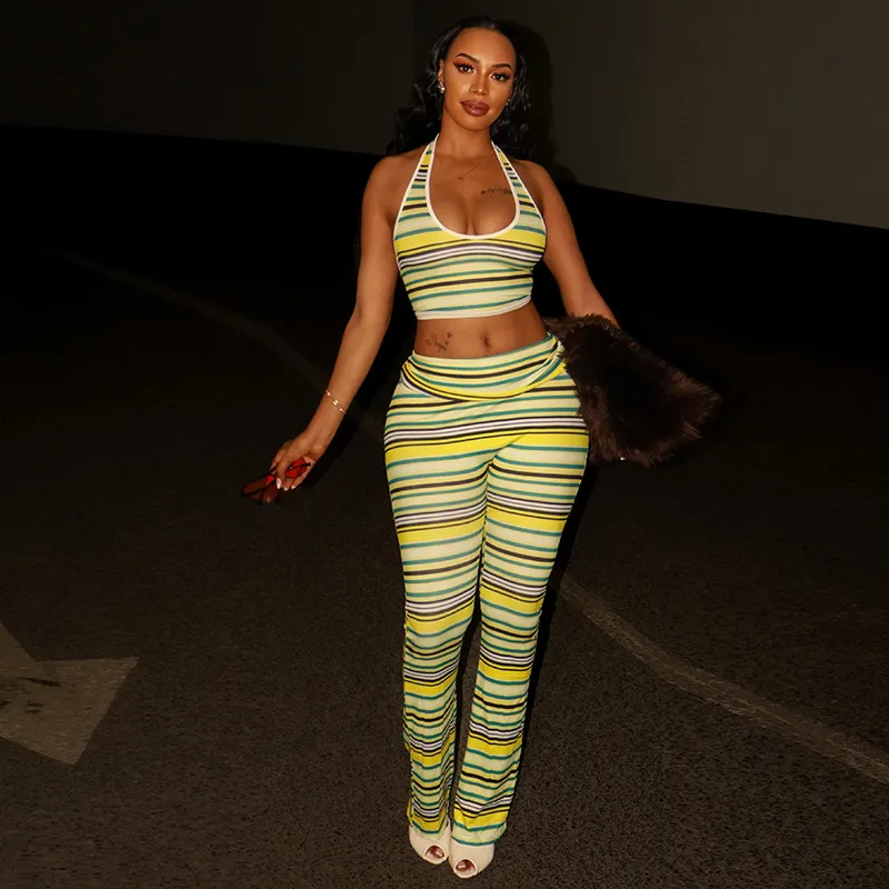 Women Sexy Colorblock Stripe Crop Top And Pants Two-Piece Set
