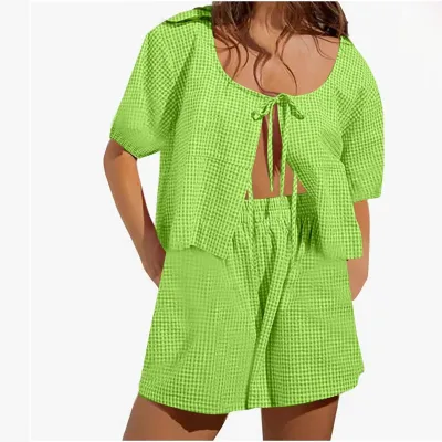 Women Casual Check Shirt And Shorts Two-Piece Sets