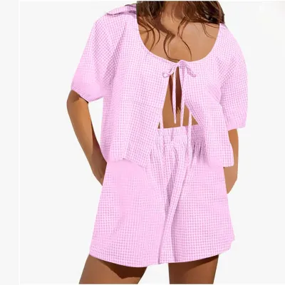 Women Casual Check Shirt And Shorts Two-Piece Sets