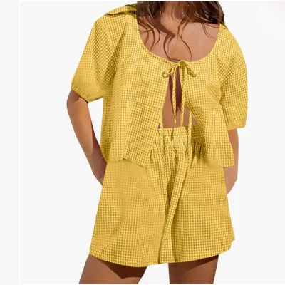 Women Casual Check Shirt And Shorts Two-Piece Sets