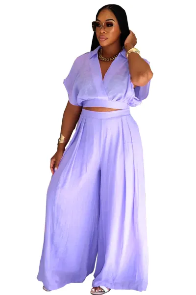 Women Fashion Casual Solid Color Lapel Short-Sleeve Crop Top Wide Leg Loose Pants Two-Piece Set