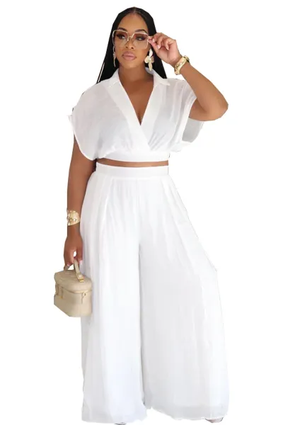 Women Fashion Casual Solid Color Lapel Short-Sleeve Crop Top Wide Leg Loose Pants Two-Piece Set