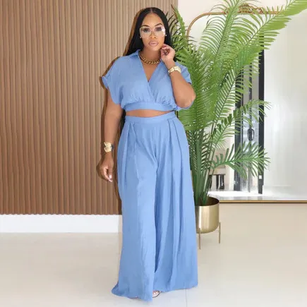 Women Fashion Casual Solid Color Lapel Short-Sleeve Crop Top Wide Leg Loose Pants Two-Piece Set