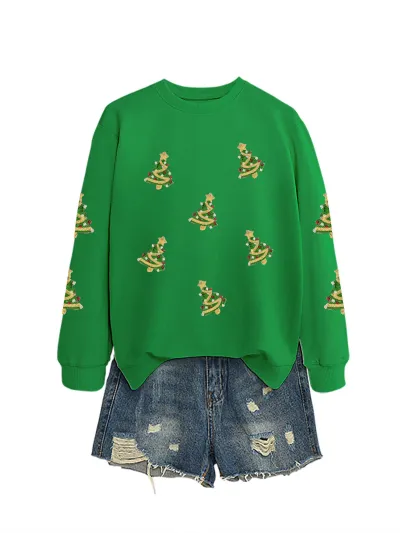 Christmas Women Fashion Casual Sequin Tree Long Sleeve Sweatshirt