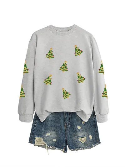 Christmas Women Fashion Casual Sequin Tree Long Sleeve Sweatshirt