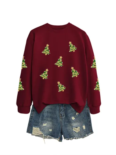 Christmas Women Fashion Casual Sequin Tree Long Sleeve Sweatshirt