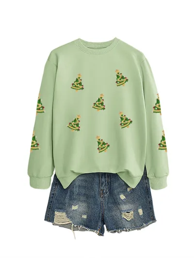 Christmas Women Fashion Casual Sequin Tree Long Sleeve Sweatshirt