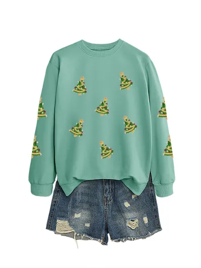 Christmas Women Fashion Casual Sequin Tree Long Sleeve Sweatshirt