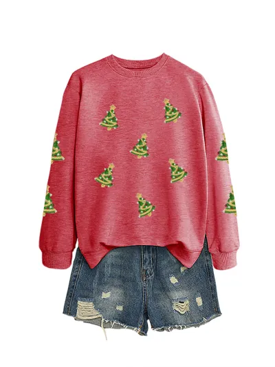 Christmas Women Fashion Casual Sequin Tree Long Sleeve Sweatshirt