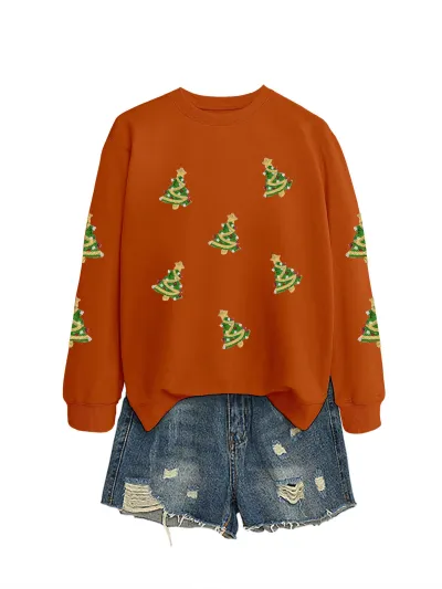 Christmas Women Fashion Casual Sequin Tree Long Sleeve Sweatshirt