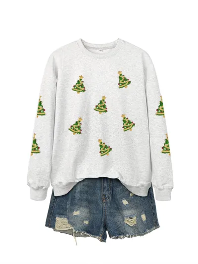 Christmas Women Fashion Casual Sequin Tree Long Sleeve Sweatshirt
