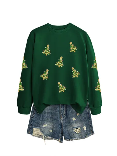 Christmas Women Fashion Casual Sequin Tree Long Sleeve Sweatshirt
