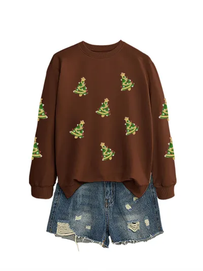 Christmas Women Fashion Casual Sequin Tree Long Sleeve Sweatshirt