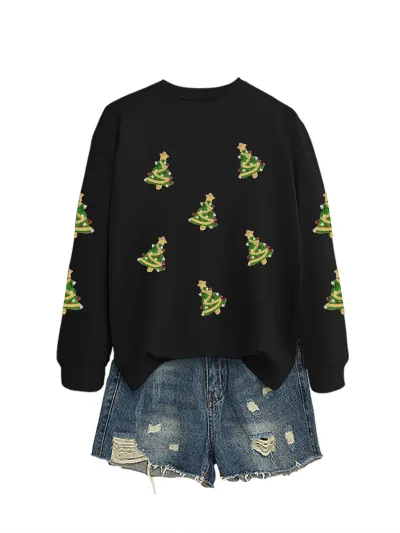 Christmas Women Fashion Casual Sequin Tree Long Sleeve Sweatshirt