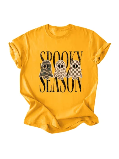 Halloween Women Fashion Casual Three Ghost Printed Round Neck Short-Sleeve T-Shirt
