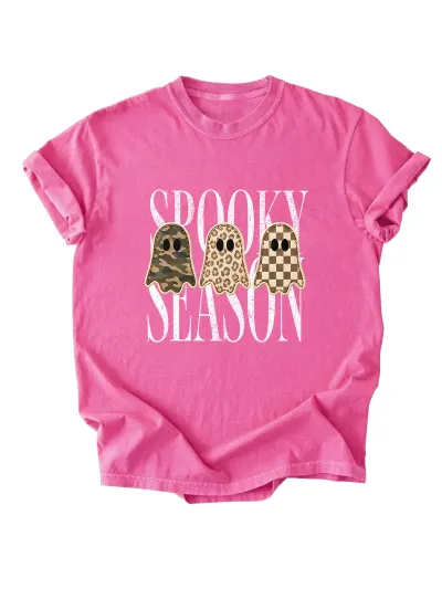 Halloween Women Fashion Casual Three Ghost Printed Round Neck Short-Sleeve T-Shirt