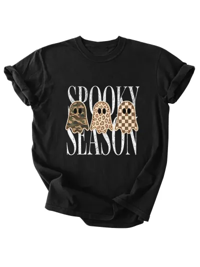 Halloween Women Fashion Casual Three Ghost Printed Round Neck Short-Sleeve T-Shirt