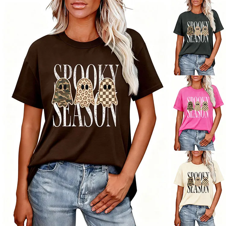 Halloween Women Fashion Casual Three Ghost Printed Round Neck Short-Sleeve T-Shirt