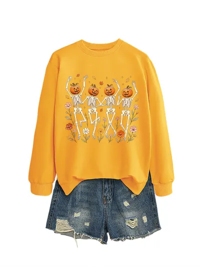Halloween Women Fashion Casual Pumpkin Skeleton Dancing Floral Printed Long-Sleeve Sweater