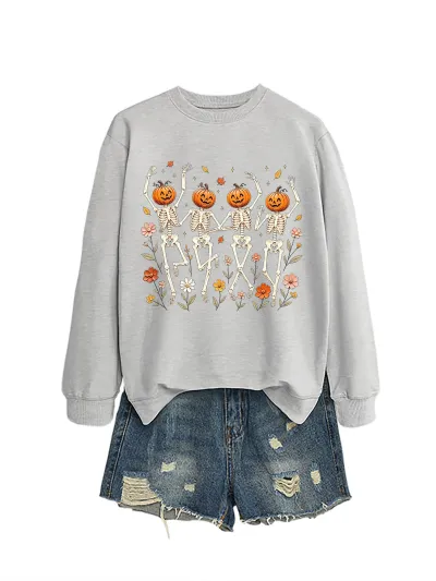 Halloween Women Fashion Casual Pumpkin Skeleton Dancing Floral Printed Long-Sleeve Sweater