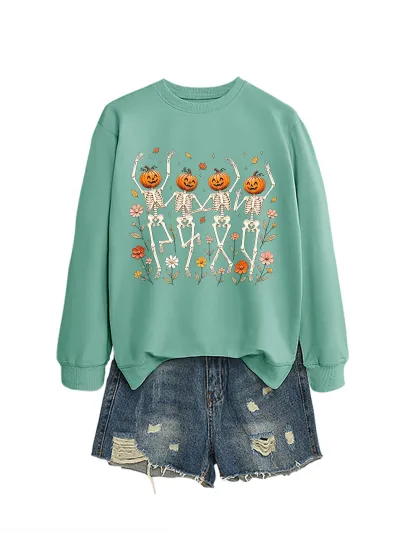 Halloween Women Fashion Casual Pumpkin Skeleton Dancing Floral Printed Long-Sleeve Sweater