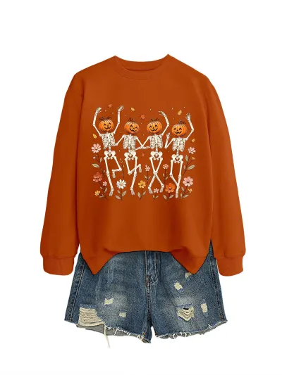 Halloween Women Fashion Casual Pumpkin Skeleton Dancing Floral Printed Long-Sleeve Sweater