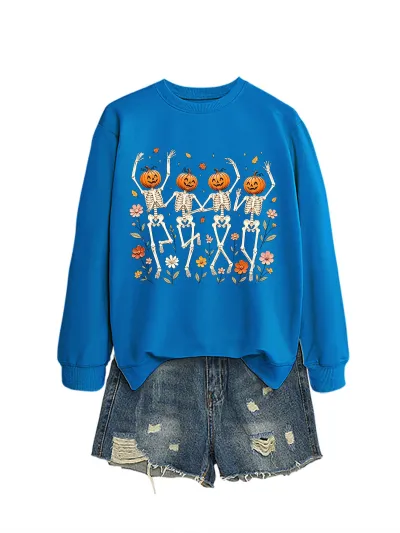 Halloween Women Fashion Casual Pumpkin Skeleton Dancing Floral Printed Long-Sleeve Sweater