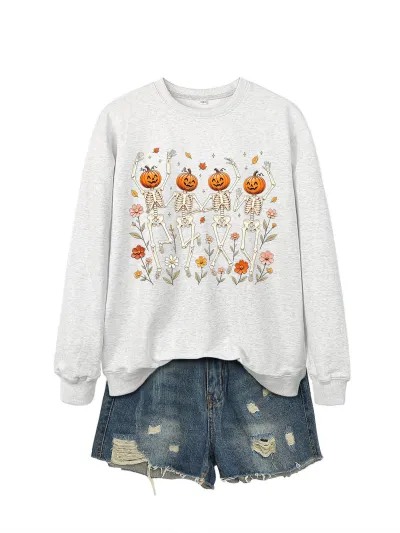 Halloween Women Fashion Casual Pumpkin Skeleton Dancing Floral Printed Long-Sleeve Sweater