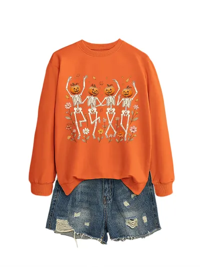 Halloween Women Fashion Casual Pumpkin Skeleton Dancing Floral Printed Long-Sleeve Sweater