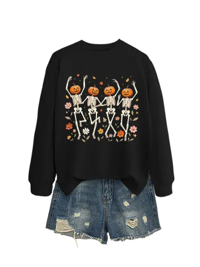 Halloween Women Fashion Casual Pumpkin Skeleton Dancing Floral Printed Long-Sleeve Sweater