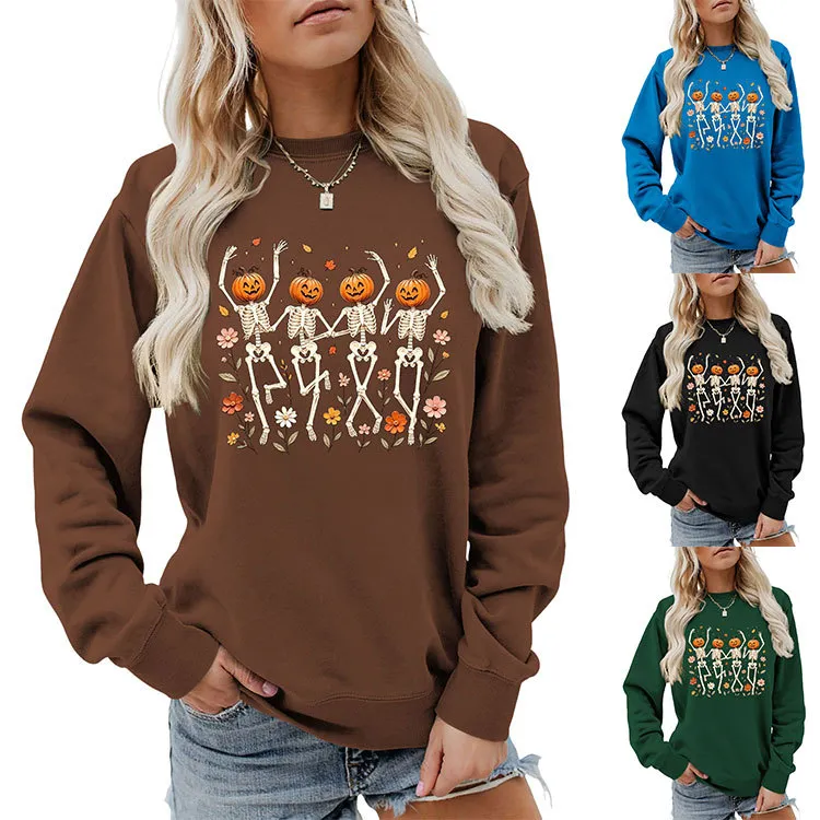 Halloween Women Fashion Casual Pumpkin Skeleton Dancing Floral Printed Long-Sleeve Sweater