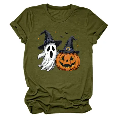 Halloween Women Fashion Casual Ghost Pumpkin Lamp Printed Round Neck Short Sleeve T-Shirt