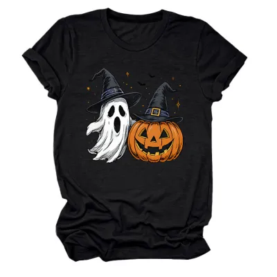 Halloween Women Fashion Casual Ghost Pumpkin Lamp Printed Round Neck Short Sleeve T-Shirt