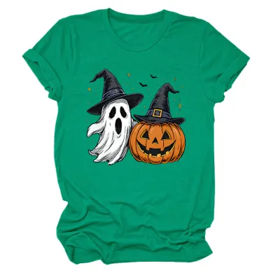Halloween Women Fashion Casual Ghost Pumpkin Lamp Printed Round Neck Short Sleeve T-Shirt
