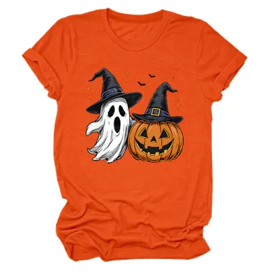Halloween Women Fashion Casual Ghost Pumpkin Lamp Printed Round Neck Short Sleeve T-Shirt
