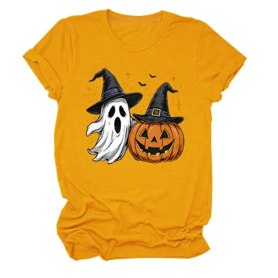 Halloween Women Fashion Casual Ghost Pumpkin Lamp Printed Round Neck Short Sleeve T-Shirt