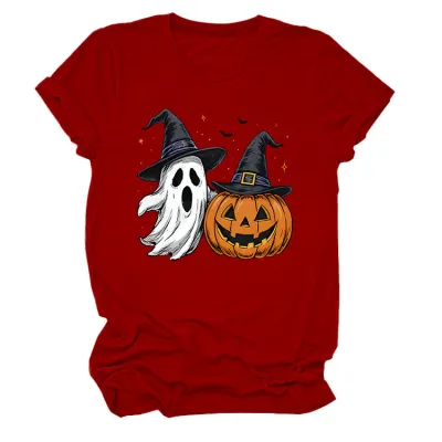 Halloween Women Fashion Casual Ghost Pumpkin Lamp Printed Round Neck Short Sleeve T-Shirt