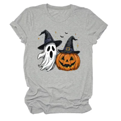 Halloween Women Fashion Casual Ghost Pumpkin Lamp Printed Round Neck Short Sleeve T-Shirt